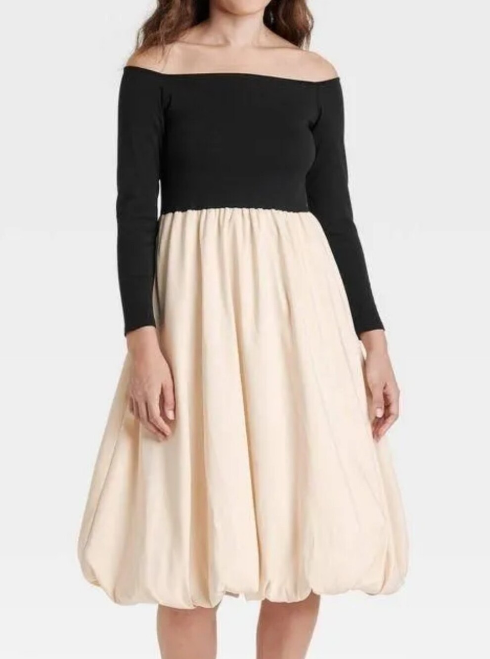 Long Sleeve Midi A-Line Dress - Black/Cream XL